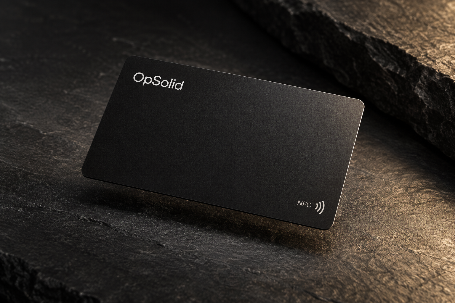 Concept image of a matte-black OpSo NFC business card