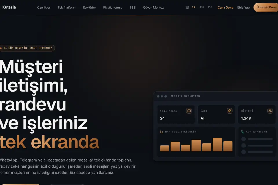 Kutasia ana sayfası: “Müşteri iletişimi, randevu ve işleriniz tek ekranda” başlığı ve yanında mesajları ve haftalık istatistikleri gösteren bir kontrol paneli görünümü