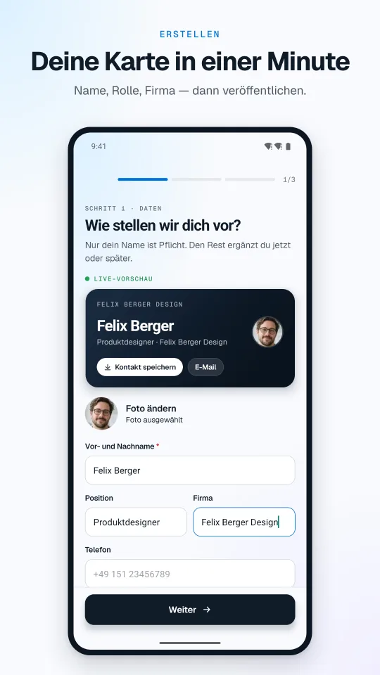 OpSo app (German interface): creating a card, step 1 with live preview, demo data