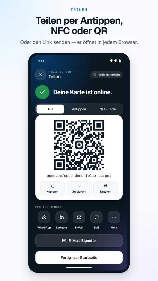 OpSo app (German interface): sharing by QR code, NFC or link, screen with demo data