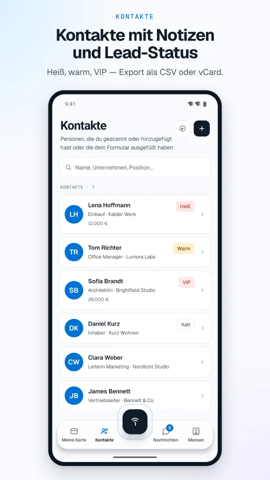 OpSo app (German interface): contact list with notes and status, demo data