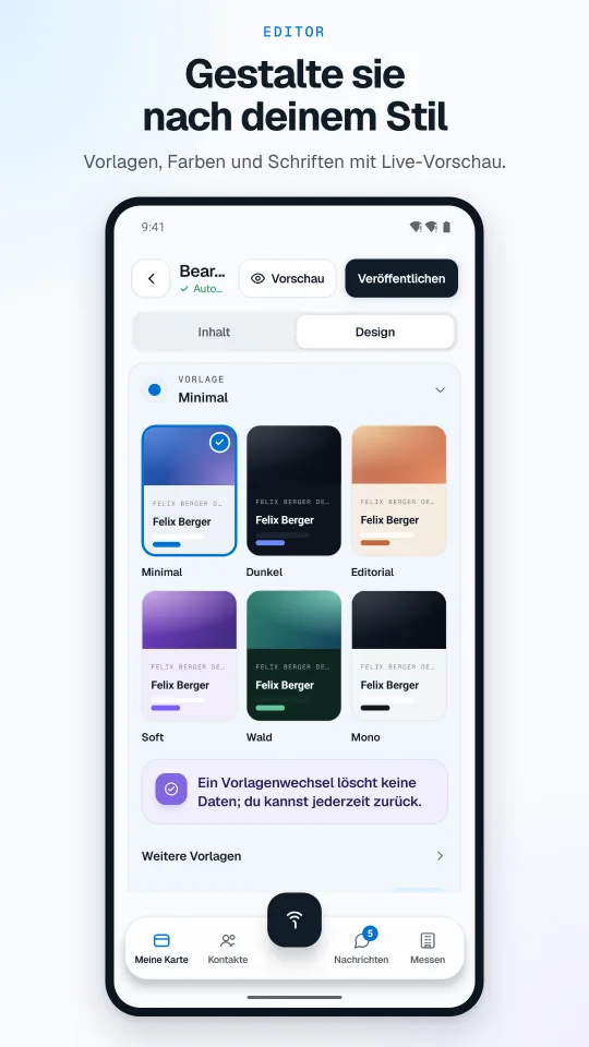 OpSo app (German interface): editor with templates, demo data