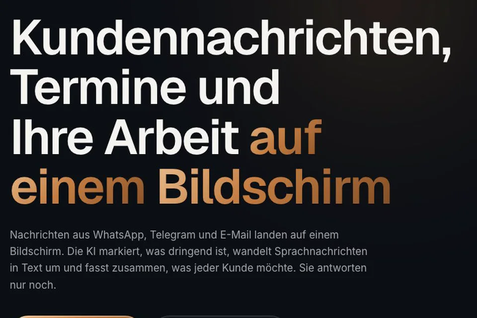 Excerpt of the Kutasia home page (in German) with the headline “Kundennachrichten, Termine und Ihre Arbeit auf einem Bildschirm”, meaning customer messages, appointments and your work on one screen